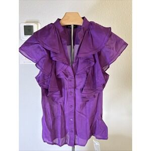 Bebe Women's Lace Ruffle Blouse Sheer Purple Size XXS